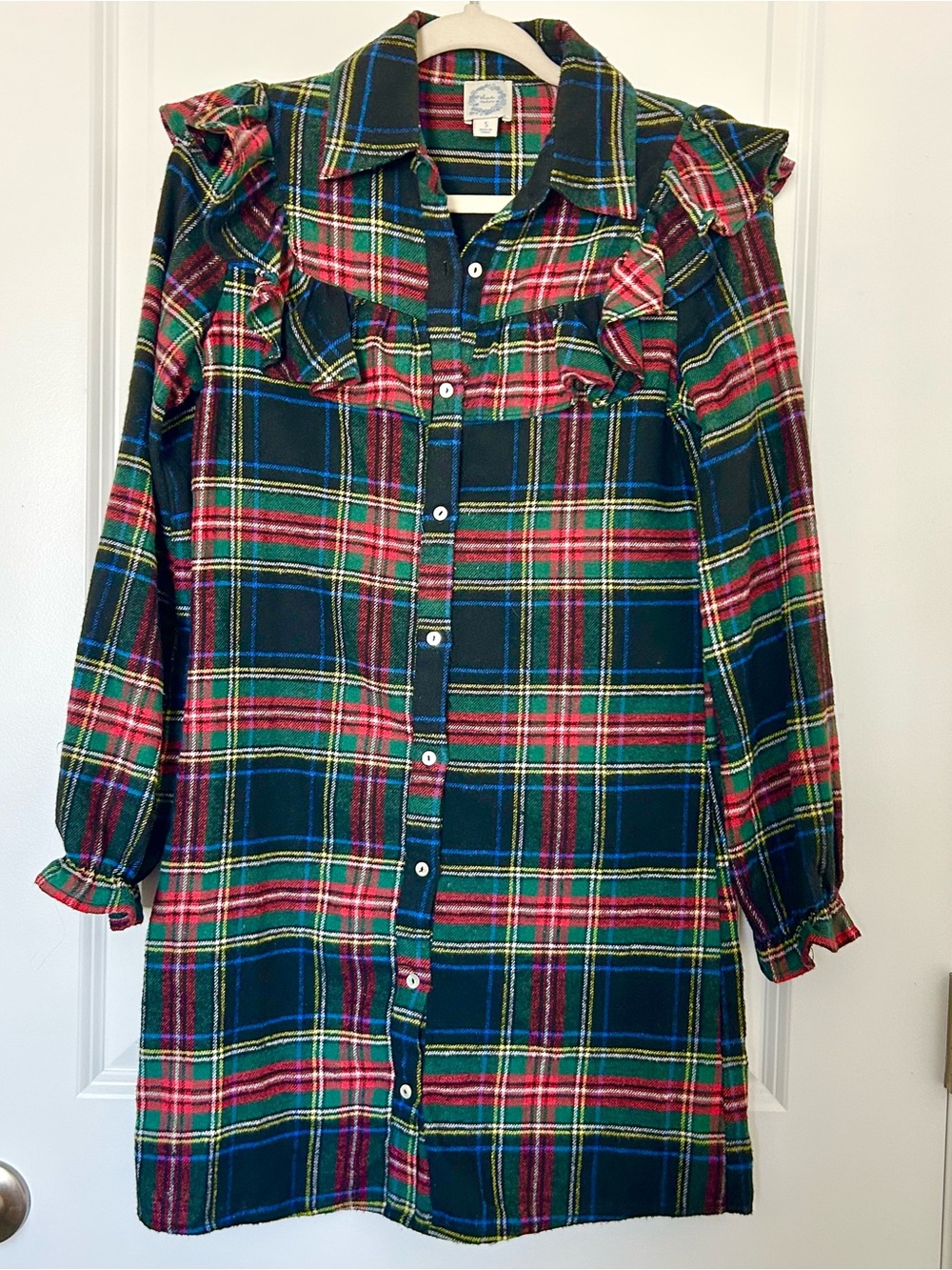 FRANCESCA'S blue rain woman's S shirt dress plaid Christmas ruffles